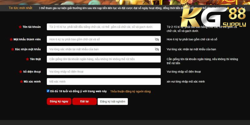KG88 yêu cầu hội viên điền dữ liệu chính xác theo giấy tờ tùy thân CCCD